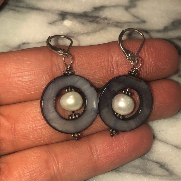 𝅺vtg Sterling Abalone & Pearl Dangle Earrings 1.6” - Picture 5 of 6